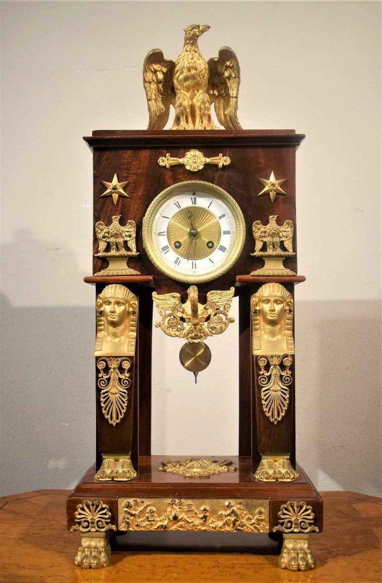 Portico Clock In Mahogany Decorated With Gilt Bronze - Return From Egypt-photo-2