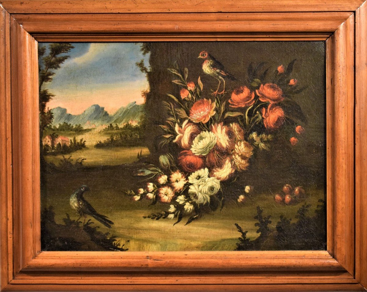 Nature Morte De Fleurs Avec Paysage école Vénitienne XVIIIème