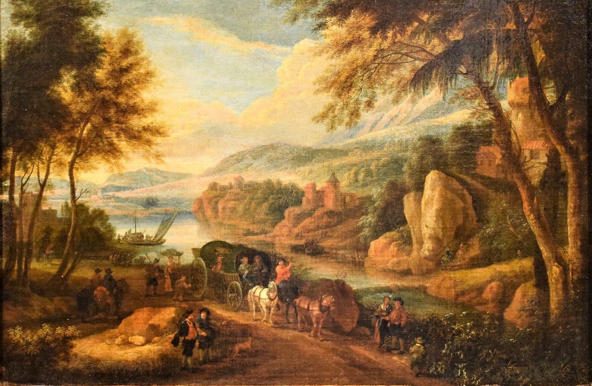 Fluvial Landscape With Characters, Flemish School End Of The 17th Century