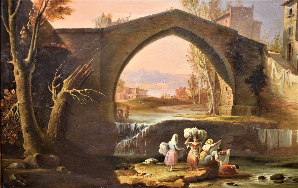 Les blanchisseuses à la rivière  -  attr. à Giuseppe Canella 1830 e.-photo-1