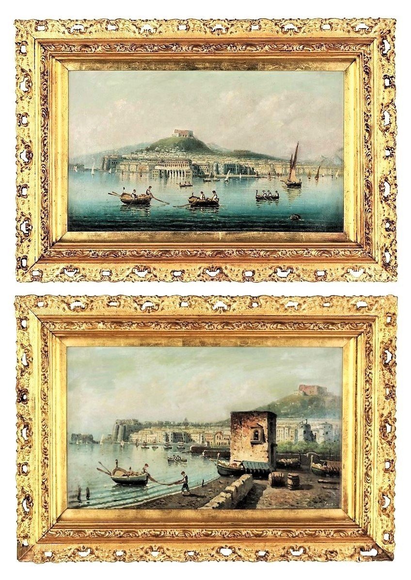 Paire de belle vues du golfe de Naples  -  école Posillipo XIXème