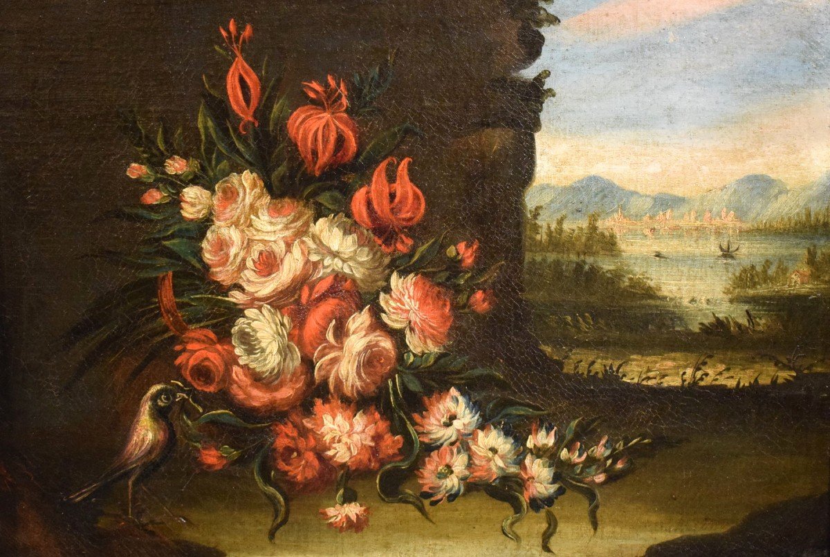 Pair Of Still Lifes Of Flowers With 18th Century Venetian Landscapes-photo-3