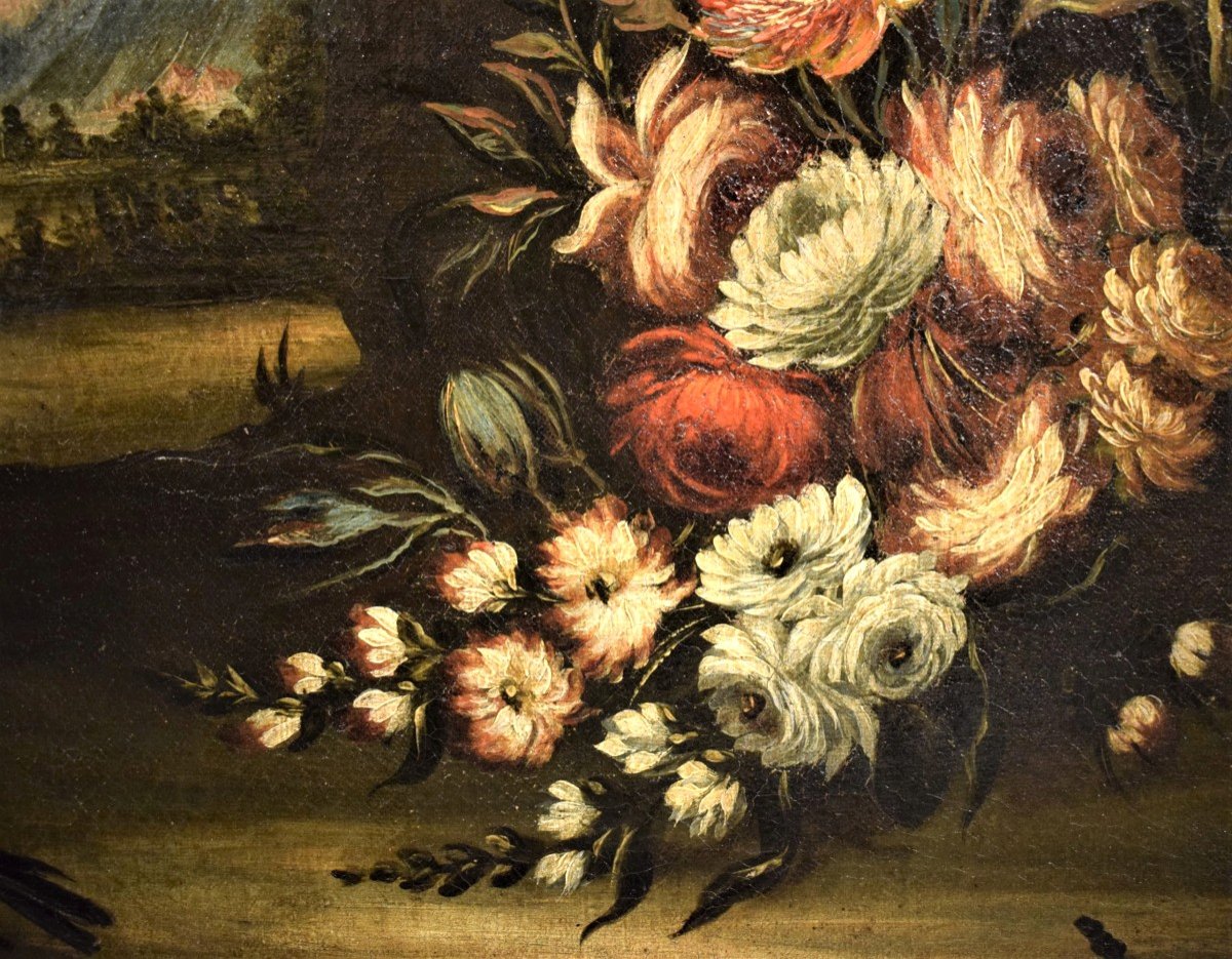 Paire de Natures Mortes de Fleurs avec Paysages  XVIIIème Vénitiennes-photo-5