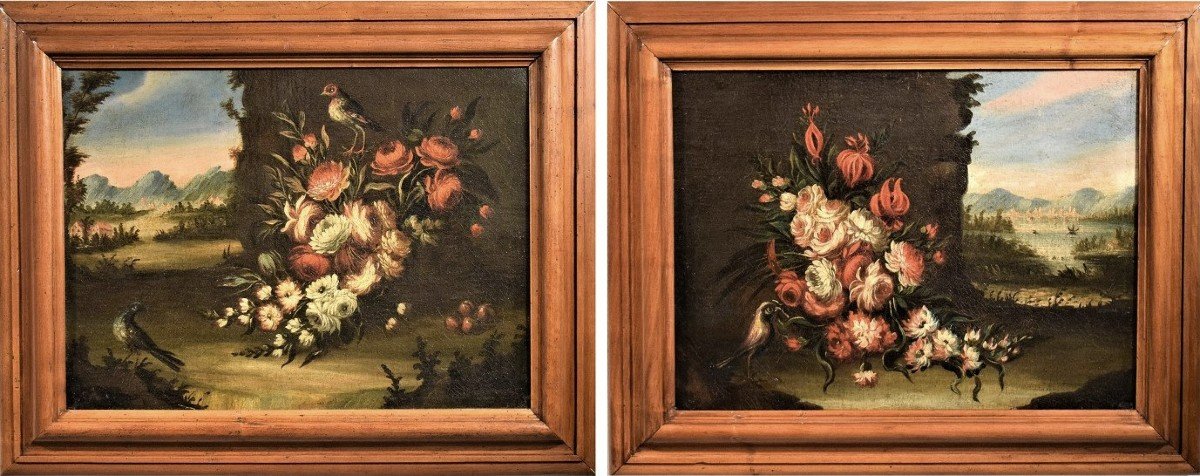 Pair Of Still Lifes Of Flowers With 18th Century Venetian Landscapes