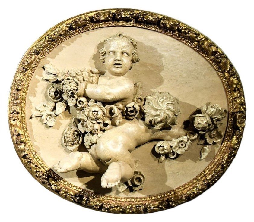 Paire de rares frises ovales en bois sculpté et laqué  France  Louis XV-photo-3