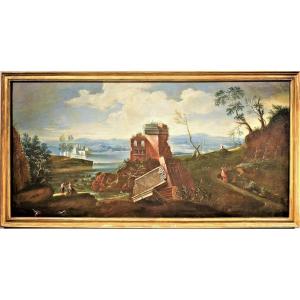 Lake Landscape With Ruins And Figures 18th Century Venetian School