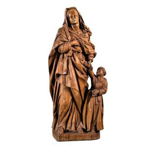 Saint Anna And The Virgin Child - Wooden Sculpture - French School Of The XVIIth Century