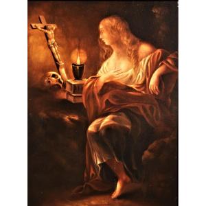 The Magdalene In Meditation - Oil On Table - France, 18th Century