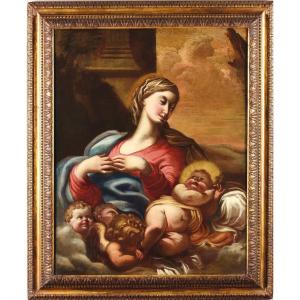 Vierge à l'Enfant Et Chèrubins  - Domenico Piola (Gênes 1627-1703)