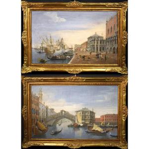 Venice, Two Views Of The City - Entourage By Giacomo Guardi - Late Of 18th Century