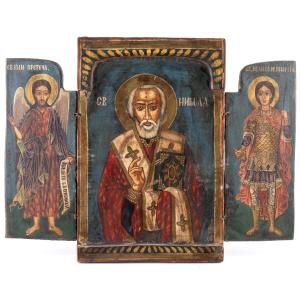 Icône de voyage russe - Saints Nicolas, Jean et Georges.