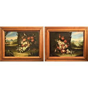 Pair Of Still Lifes Of Flowers With Landscapes