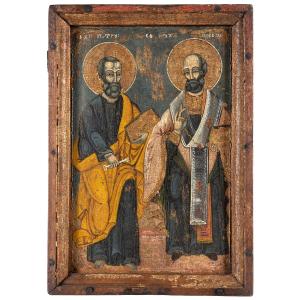 Ancient Greek Icon Depicting Saints Peter And Paul - 16th Century