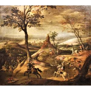 Assaut du village avec choc des chevaliers - Maître flamand, 17ème siècle