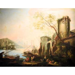Paysage côtier avec scène portuaire et ruines - Abraham Teerlink  (1776 - 1857) Signé