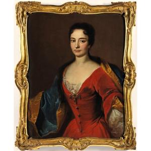  Portrait d'une jeune dame en robe rouge» - Johann Rudolf Huber (Bâle, 1668 -1748) Signé 