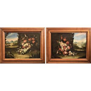 Pair Of Still Lifes Of Flowers With 18th Century Venetian Landscapes