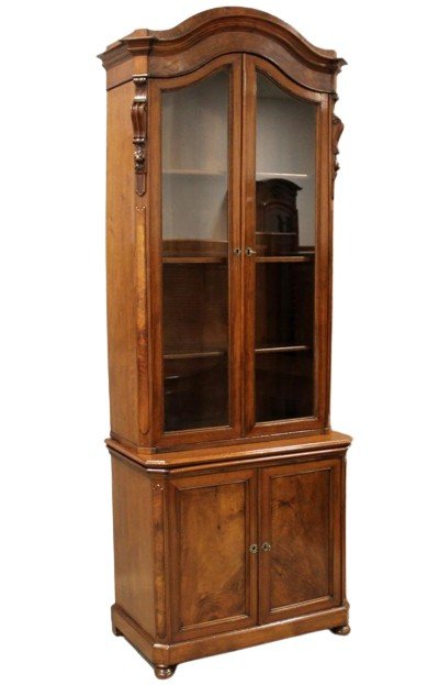 Antique Louis Philippe Cabinet Showcase Bookcase In Walnut - Italy 19th