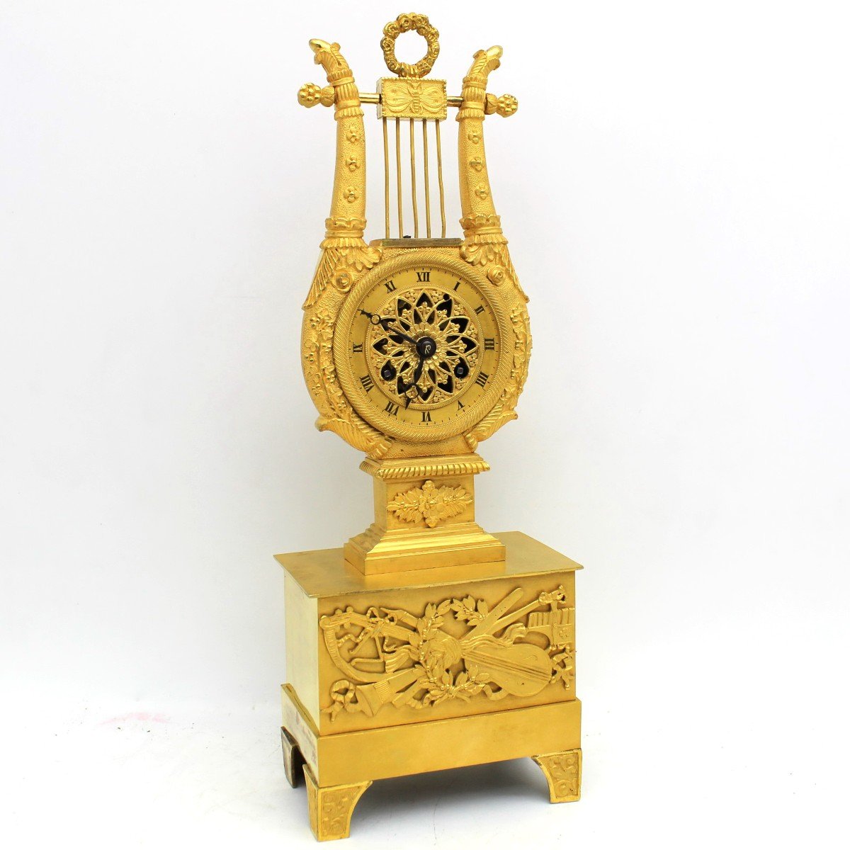 Antique Empire "lyre" Pendulum Mantel Clock Ormolu In Bronze - 19th -photo-2