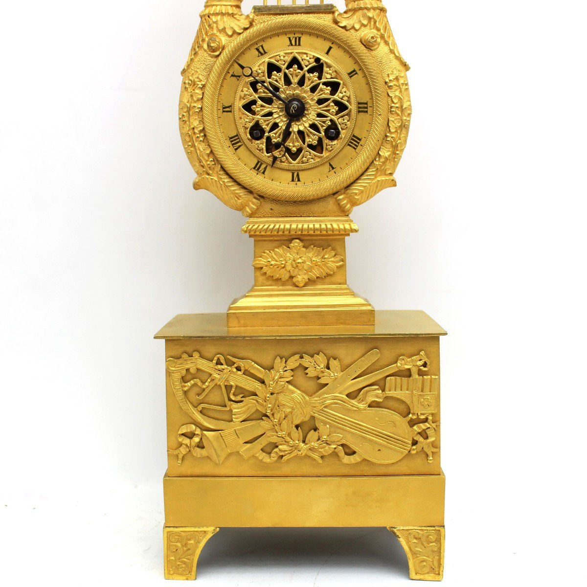 Antique Empire "lyre" Pendulum Mantel Clock Ormolu In Bronze - 19th -photo-1