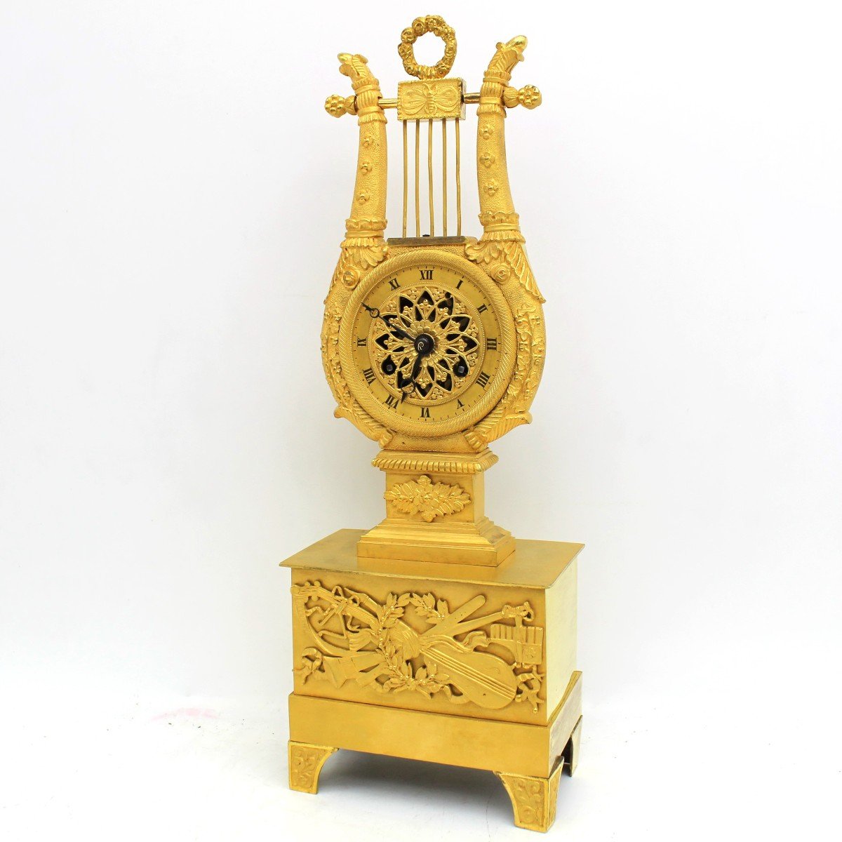 Antique Empire "lyre" Pendulum Mantel Clock Ormolu In Bronze - 19th 