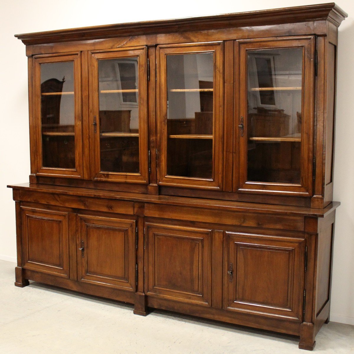 Antique Restoration Showcase Bookcase Cabinet 8 Doors In Walnut  (296 Cm) - 19th