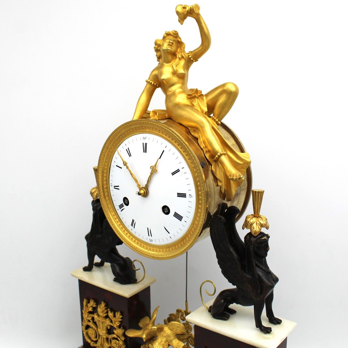 Ancien Horloge Pendule d'époque Directoire en bronze doré et marbre (H.53) - 18ème-photo-4