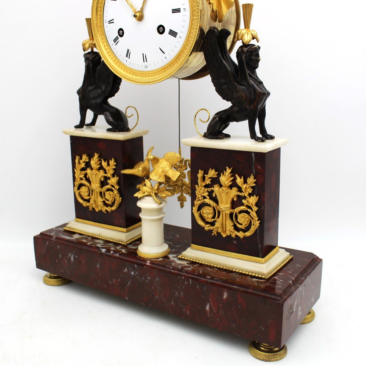 Ancien Horloge Pendule d'époque Directoire en bronze doré et marbre (H.53) - 18ème-photo-3