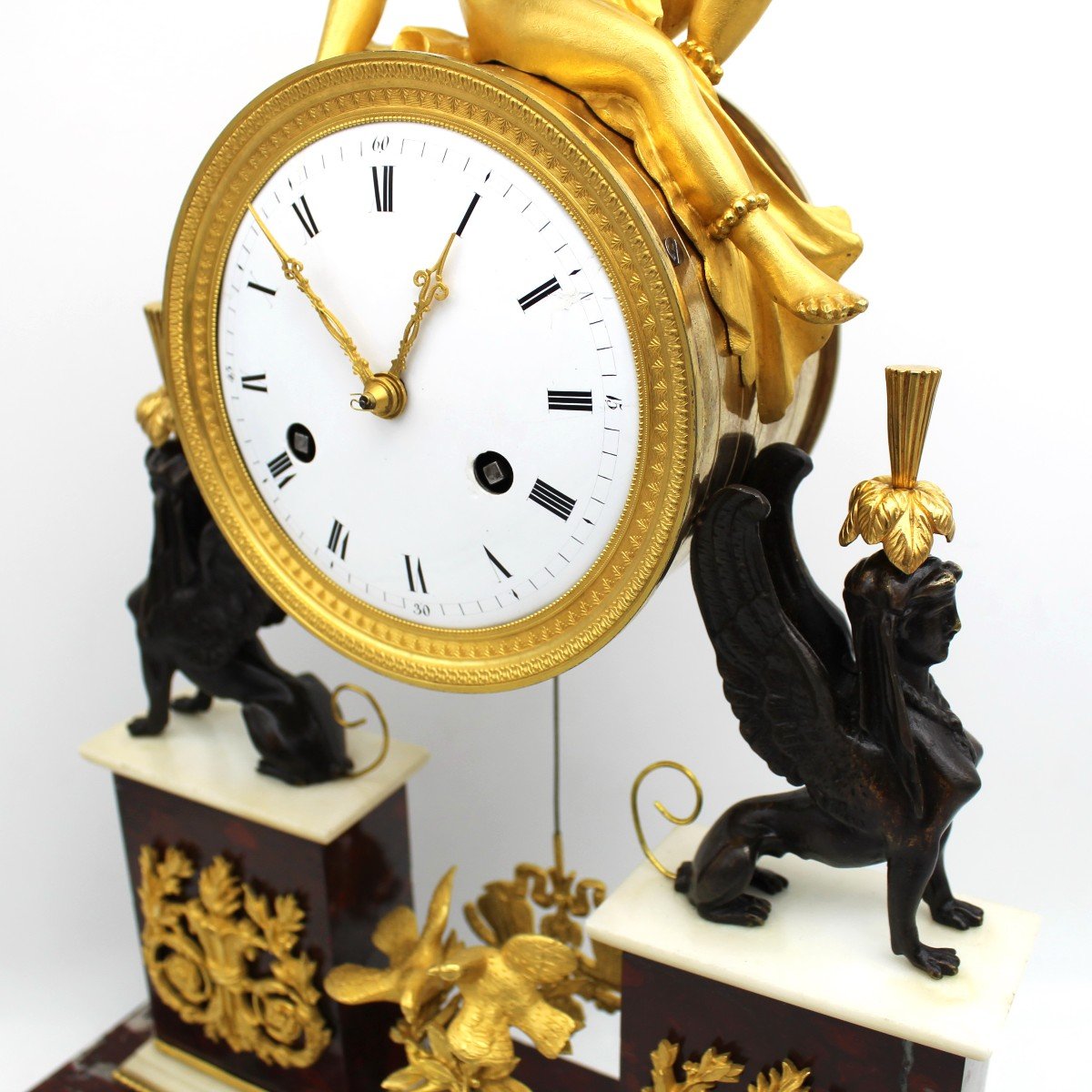 Ancien Horloge Pendule d'époque Directoire en bronze doré et marbre (H.53) - 18ème-photo-6