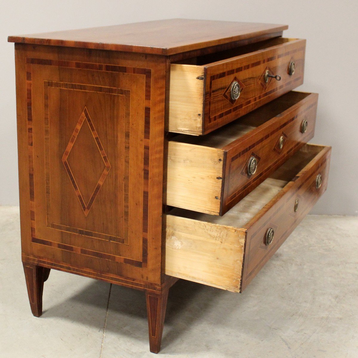 Antique Chest Of Drawers Dresser In Walnut And Marquetry - Italy 18th Tarsia Rolo-photo-4