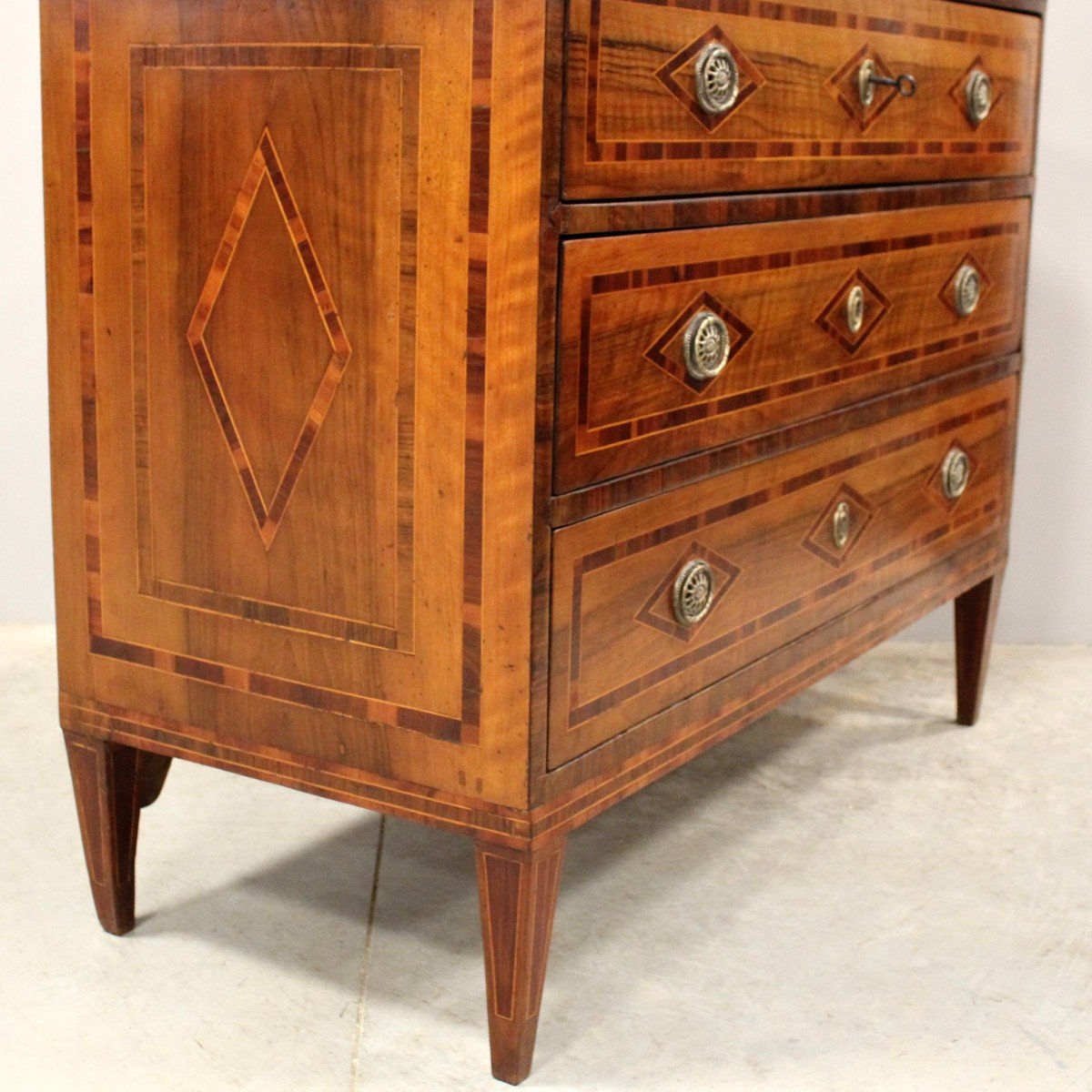 Antique Chest Of Drawers Dresser In Walnut And Marquetry - Italy 18th Tarsia Rolo-photo-4