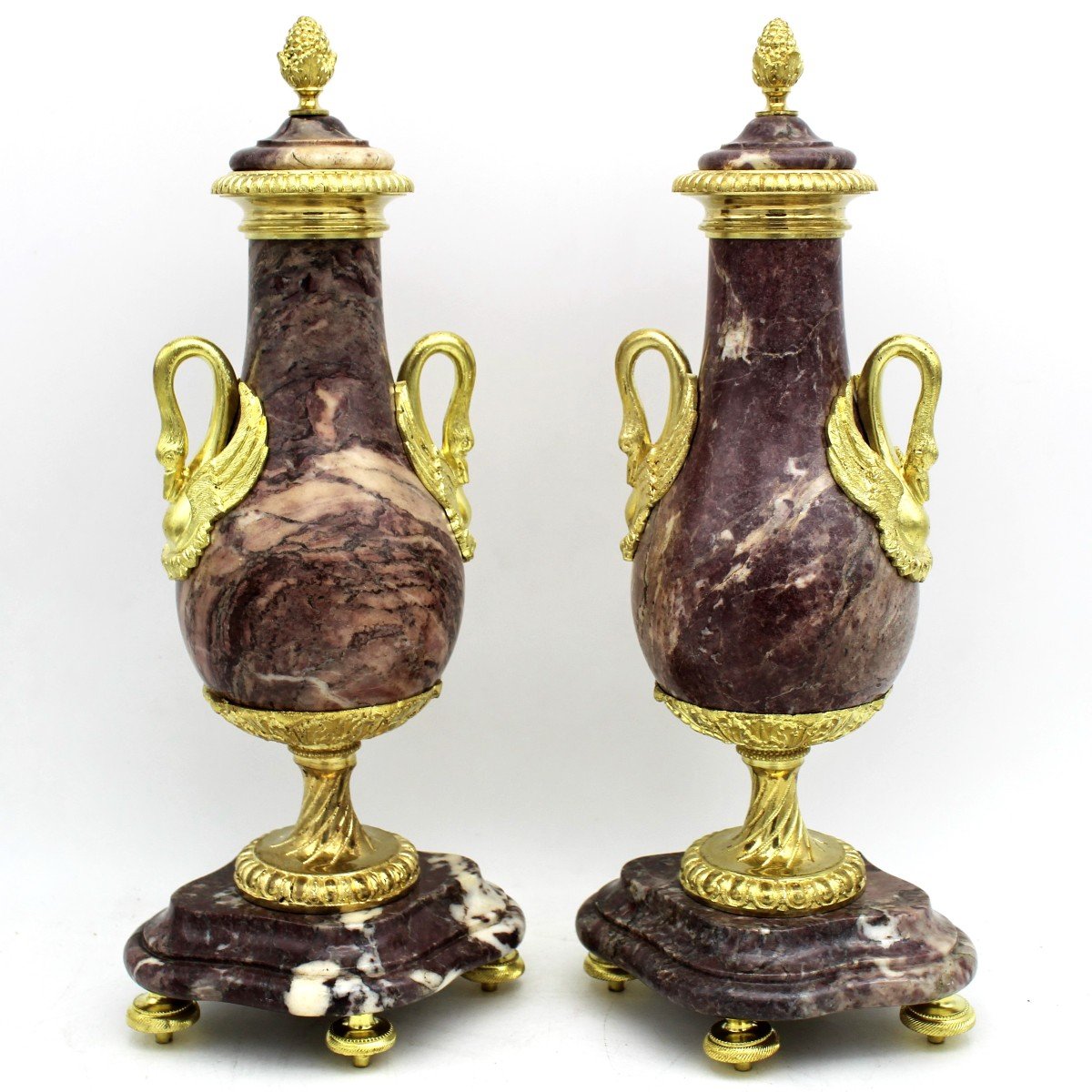 Ancien Paire de Cassolettes Vases d'époque Napoleone III en bronze doré et marbre - 19ème-photo-2