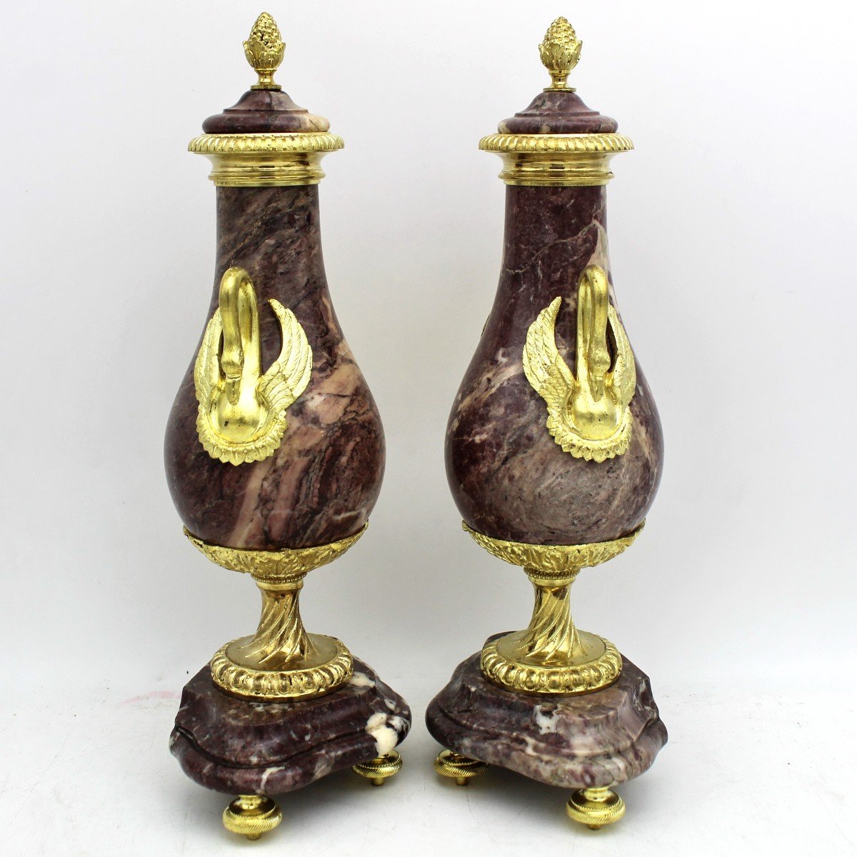 Ancien Paire de Cassolettes Vases d'époque Napoleone III en bronze doré et marbre - 19ème-photo-4