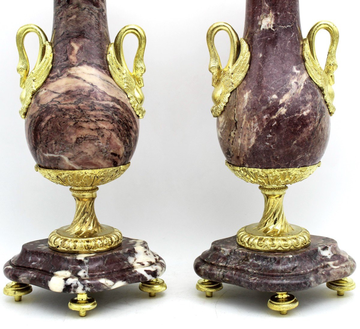 Ancien Paire de Cassolettes Vases d'époque Napoleone III en bronze doré et marbre - 19ème-photo-4