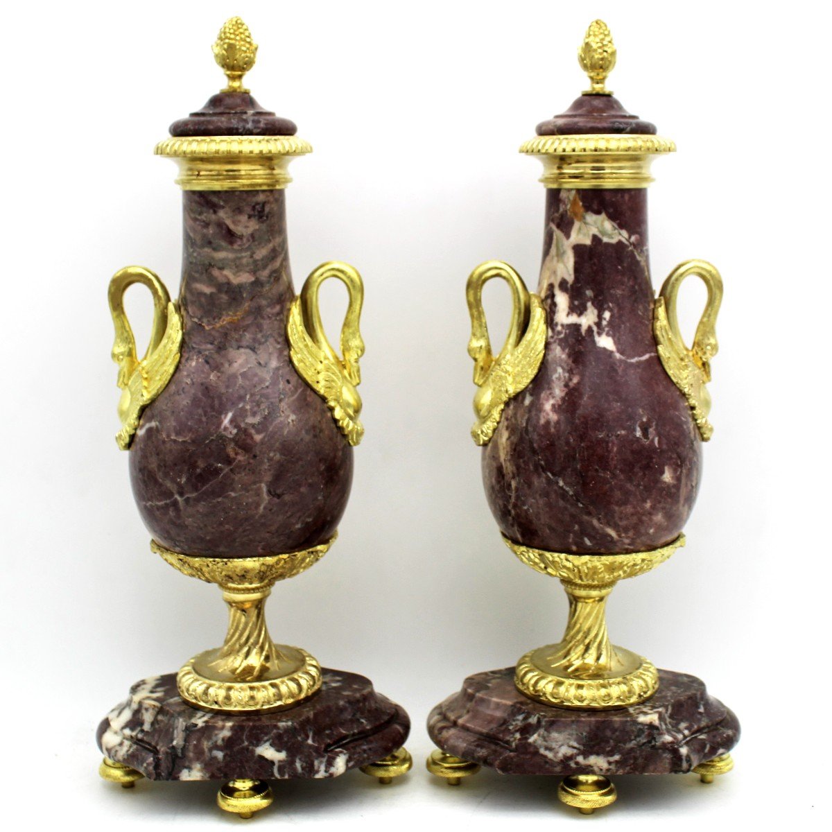 Ancien Paire de Cassolettes Vases d'époque Napoleone III en bronze doré et marbre - 19ème-photo-5