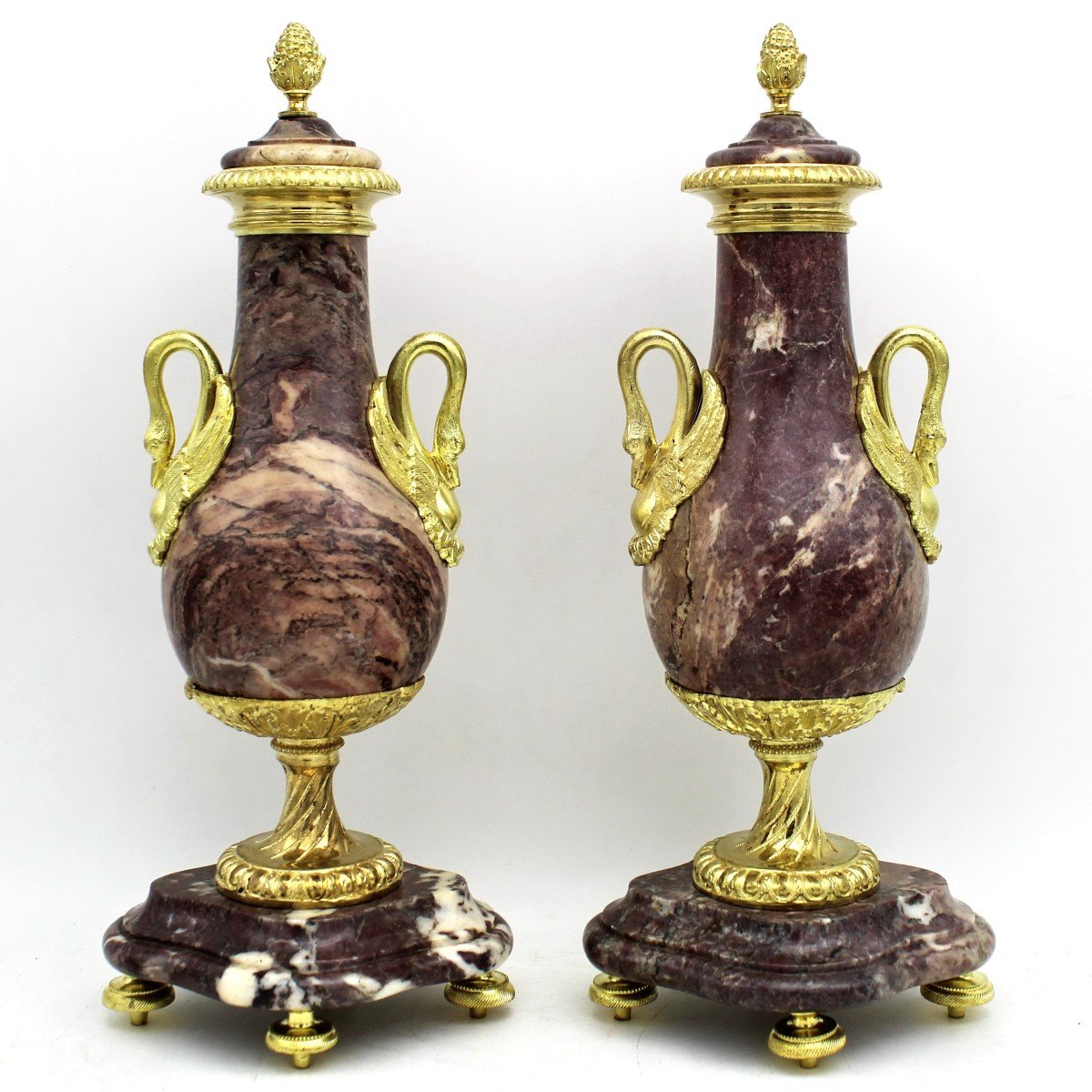 Ancien Paire de Cassolettes Vases d'époque Napoleone III en bronze doré et marbre - 19ème
