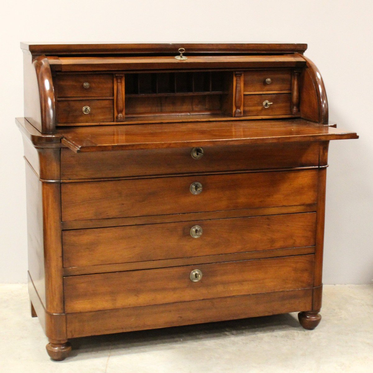 Antique Charles X Cylinder Desk Chest Of Drawers In Walnut - Italy 19th-photo-2