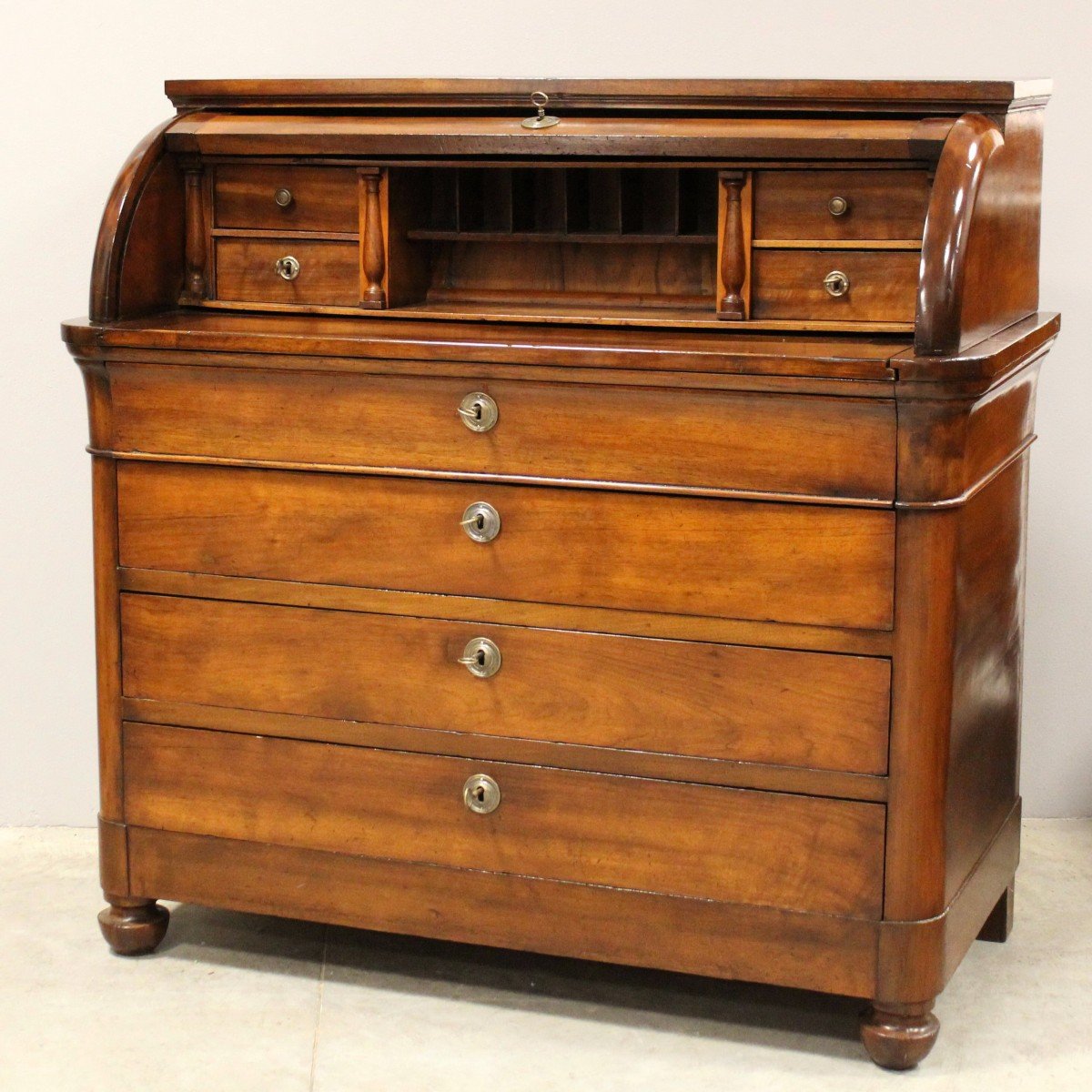 Antique Charles X Cylinder Desk Chest Of Drawers In Walnut - Italy 19th-photo-3