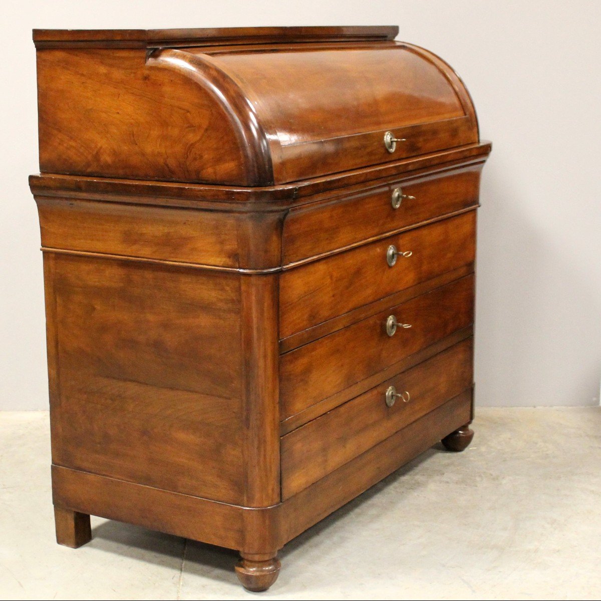 Antique Charles X Cylinder Desk Chest Of Drawers In Walnut - Italy 19th-photo-4