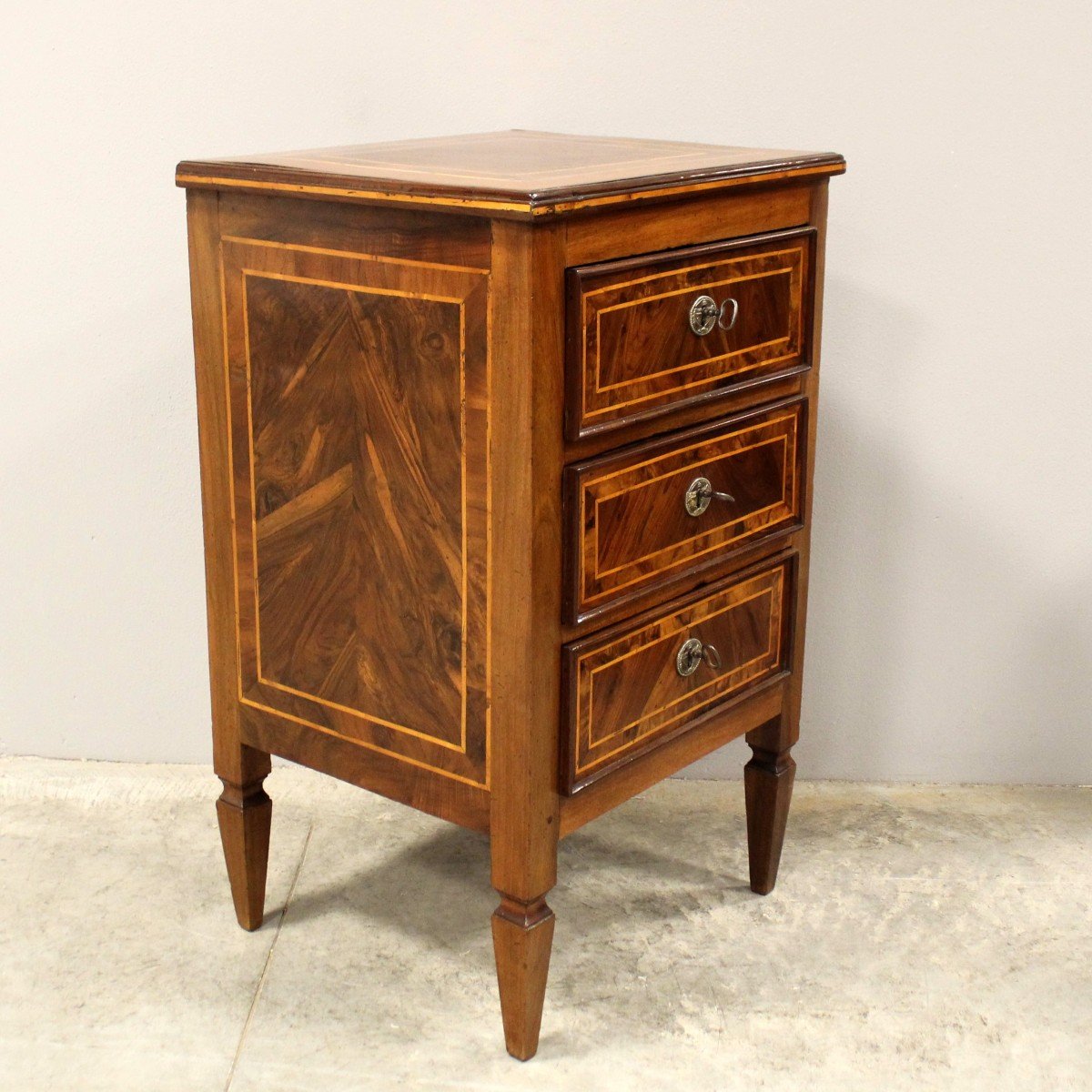 Ancien Chiffonnière Commode d'époque Louis XVI en noyer et marqueterie - Italie 18ème-photo-2