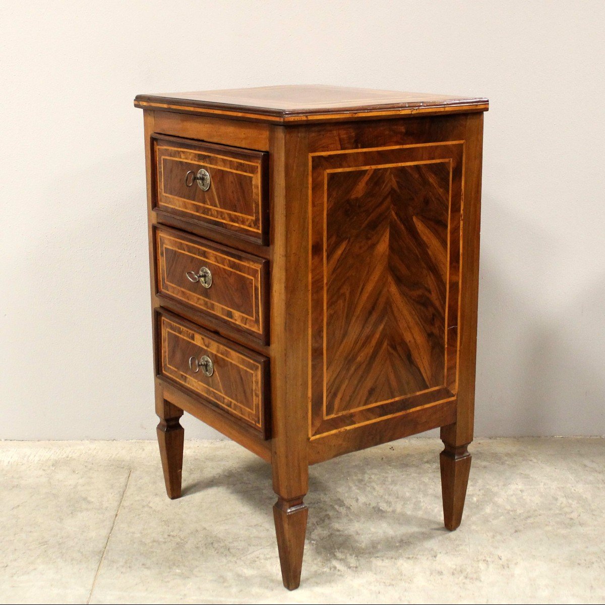 Ancien Chiffonnière Commode d'époque Louis XVI en noyer et marqueterie - Italie 18ème-photo-3