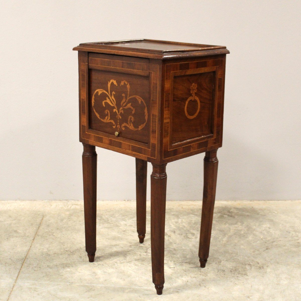 Antique Louis Philippe Bedside Nightstand Table In Walnut And Marquetry - Italy 19th-photo-4