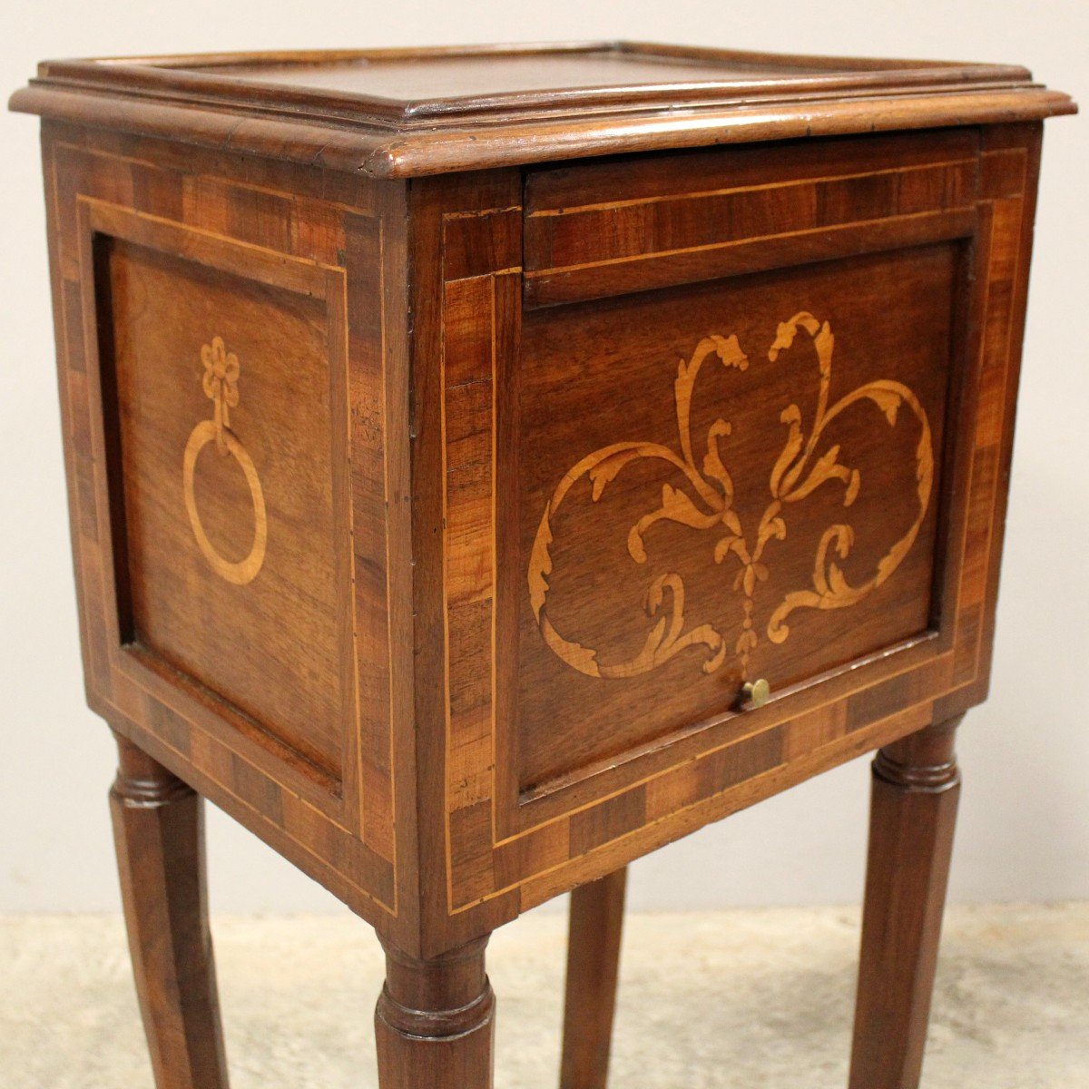 Antique Louis Philippe Bedside Nightstand Table In Walnut And Marquetry - Italy 19th-photo-2