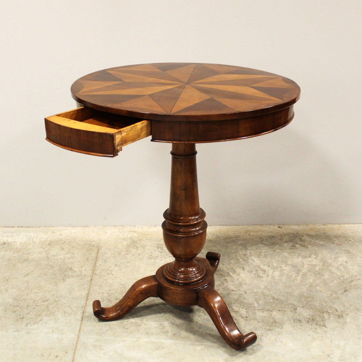 Ancien Table ronde d'époque Louis Philippe noyer et marqueterie - Italie 19ème-photo-4