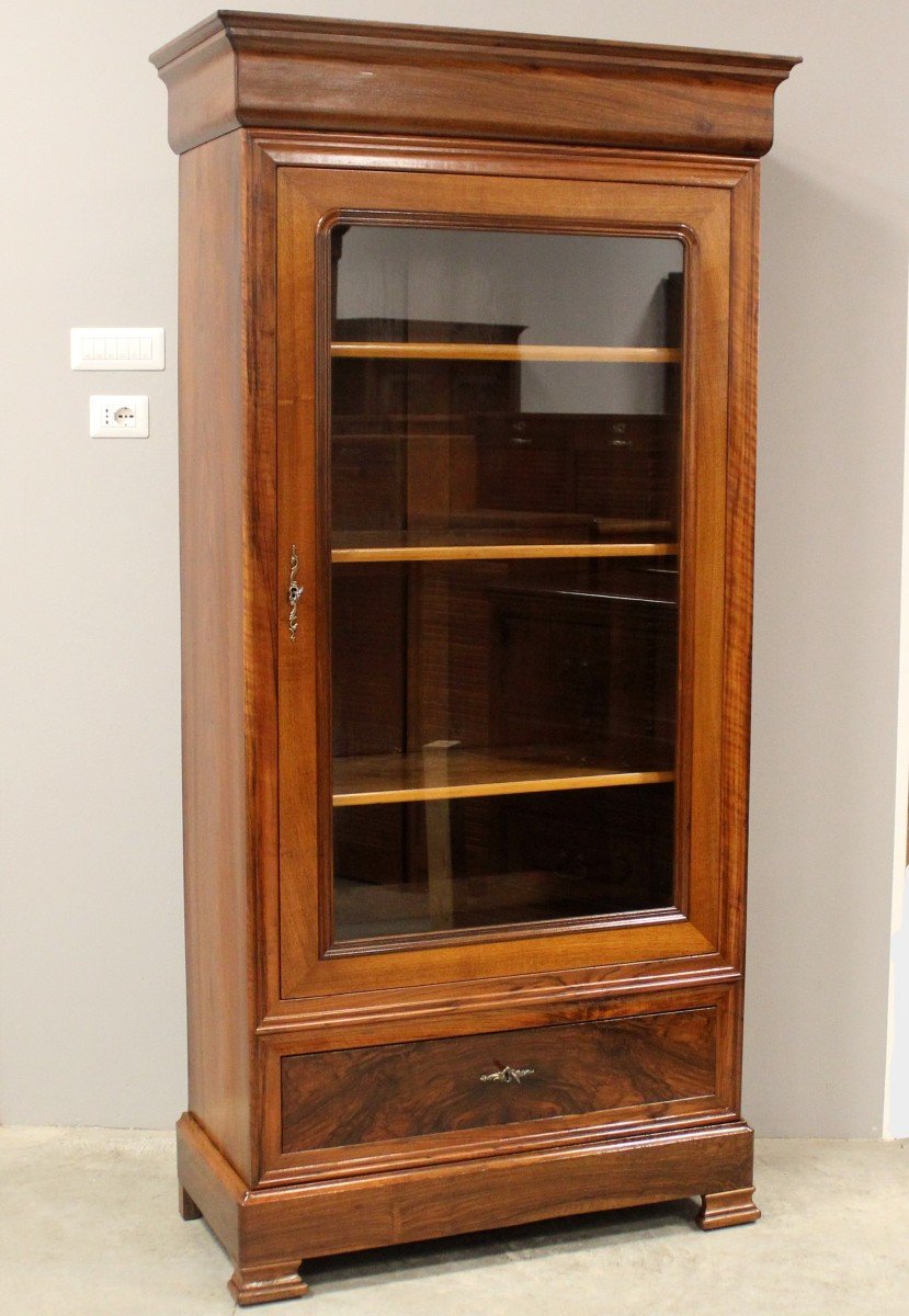 Ancien vitrine bibliothèque d'époque Louis Philippe en noyer - 19ème
