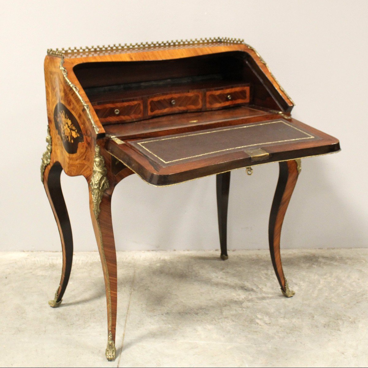 Ancien bureau de pente à rabat d'époque Napoleon III en marqueterie - 19ème-photo-3