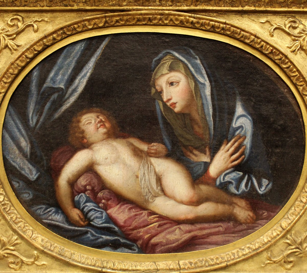 Antique Oil Painting On Canvas - Virgin In Adoration Of The Sleeping Child - Italy 18th-photo-2