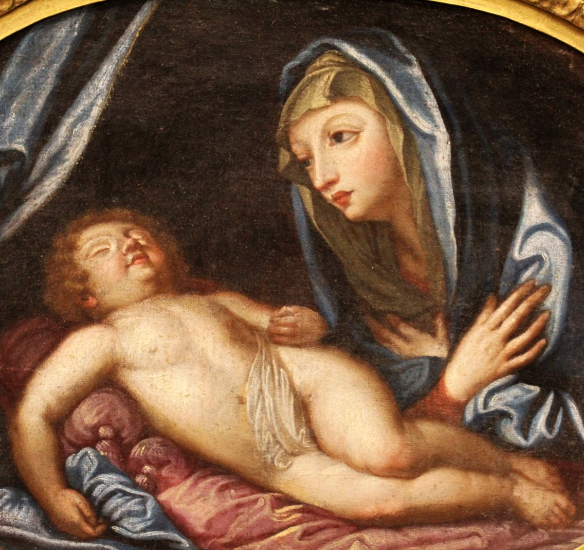 Antique Oil Painting On Canvas - Virgin In Adoration Of The Sleeping Child - Italy 18th-photo-3