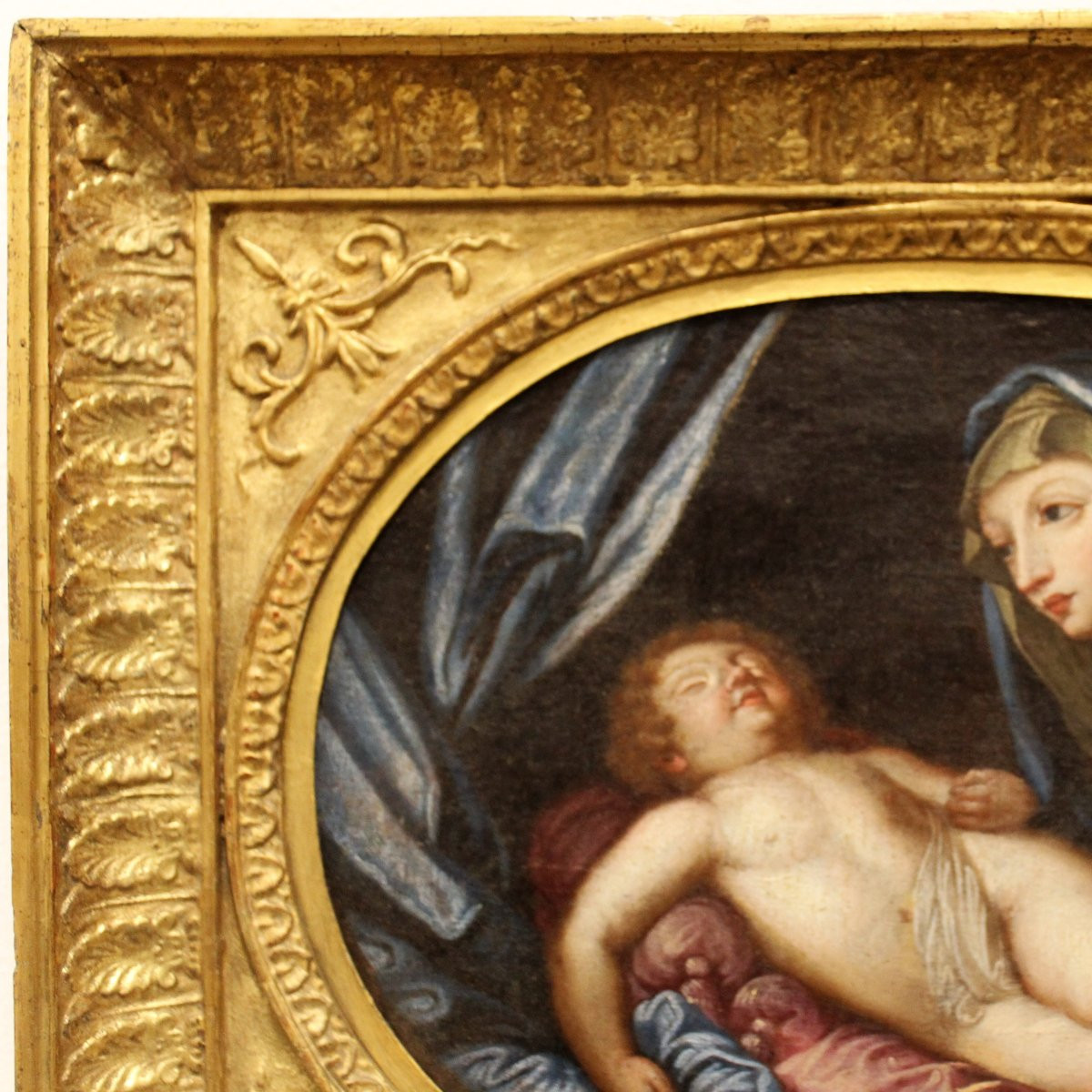 Antique Oil Painting On Canvas - Virgin In Adoration Of The Sleeping Child - Italy 18th-photo-1