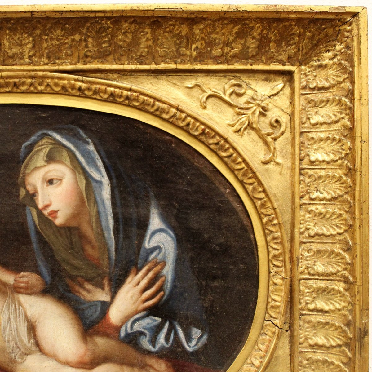 Antique Oil Painting On Canvas - Virgin In Adoration Of The Sleeping Child - Italy 18th-photo-2
